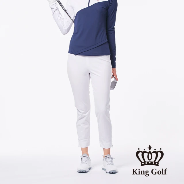 KING GOLF 網路限定款-女款拉鍊剪接彈性中厚款素面休閒長褲(白色)