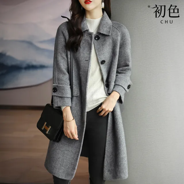 【初色】純色翻領排釦長袖寬鬆中長款風衣大衣毛呢外套女外套-共3色-38822(M-2XL可選)