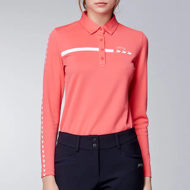 【PING】女款千鳥吸濕排汗薄長袖POLO衫-梅紅(GOLF/高爾夫球衫/RA23203-15)