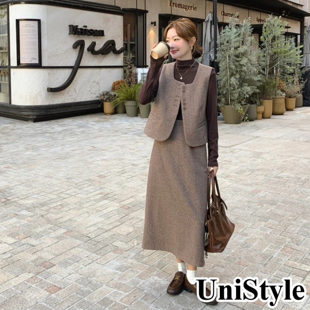 UniStyle 3件套裝長袖上衣毛呢背心半身裙 韓系優雅風 女 ZM297-923(駝色)