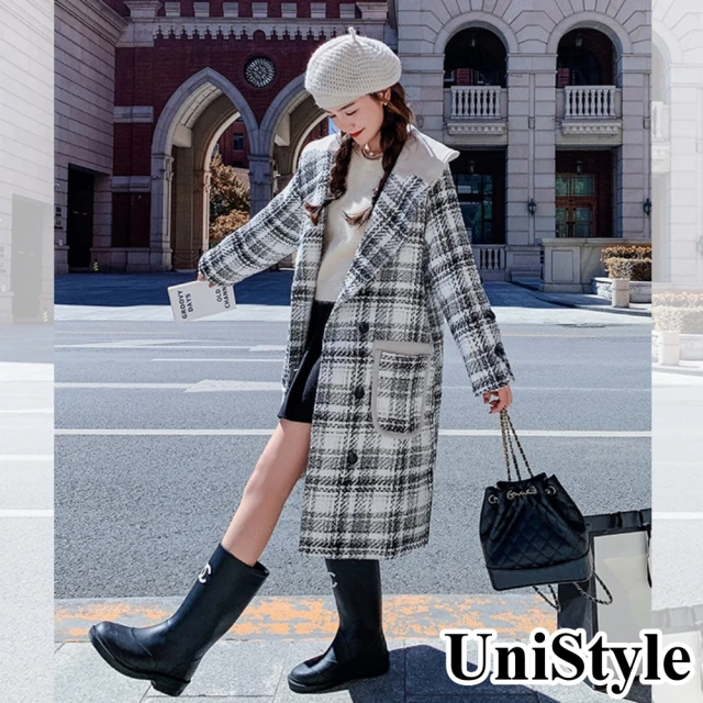 UniStyle 毛呢長袖外套 韓系格紋中長款大衣 女 ZM172-9007(格子)