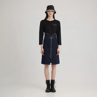 【ILEY 伊蕾】牛仔拼接拉鍊造型洋裝(黑；M-XL；1244318744)