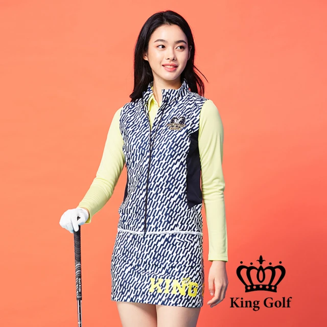 KING GOLF 網路限定款-女款滿版幾何印花刺繡拼接無袖背心(藍色)