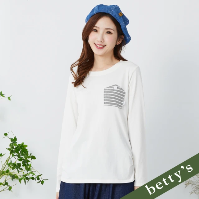 betty’s 貝蒂思 條紋不對稱拼接圓領長袖T-shirt(白色)