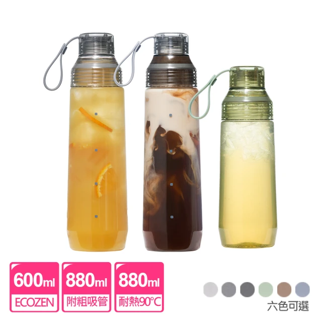 WOKY 沃廚 3入超值組_Ecozen透明水瓶-附彈跳吸管(800ml+800ml+600ml)