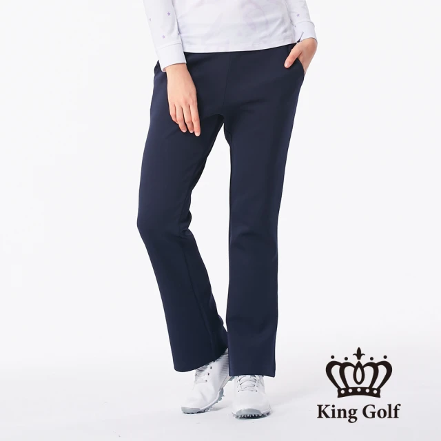 KING GOLF 網路限定款-女款素面彈性小喇叭刷毛長褲(深藍)