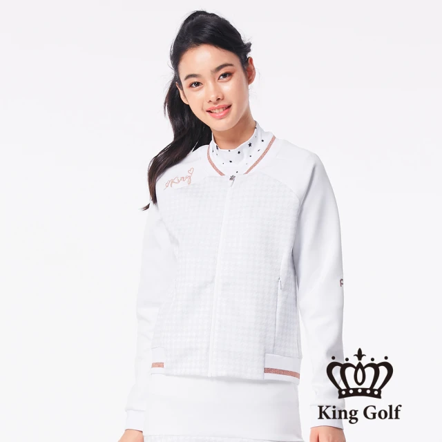 KING GOLF 網路限定款-女款千鳥格壓拼接螺紋中厚款棒球外套(白色)