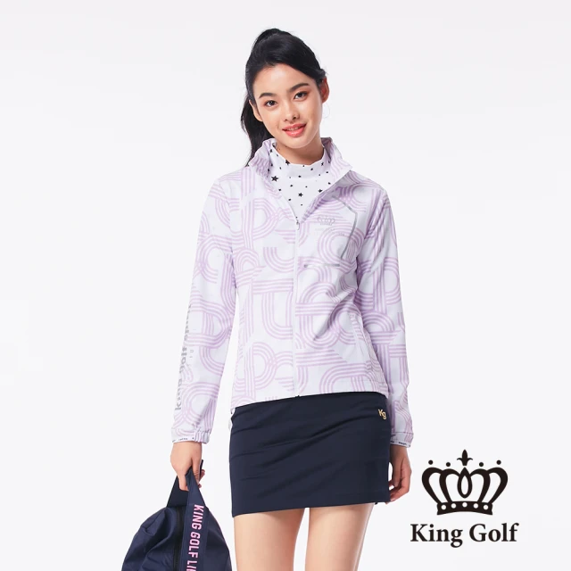 KING GOLF 網路限定款-女款條紋字體可收式防風防潑水輕薄連帽外套(淺紫色)