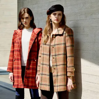 【MYVEGA 麥雪爾】MA羊毛蘇格蘭紋中長版大衣外套-駝色