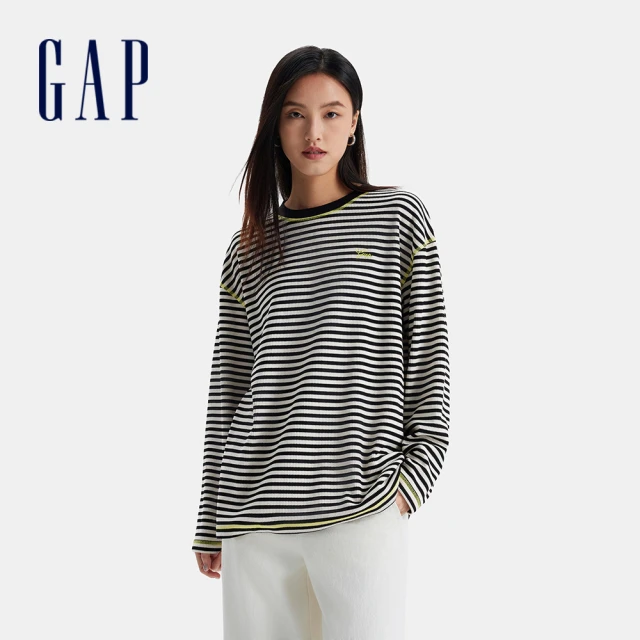 GAP 女裝 Logo刺繡圓領長袖T恤-黑白條紋(606161)