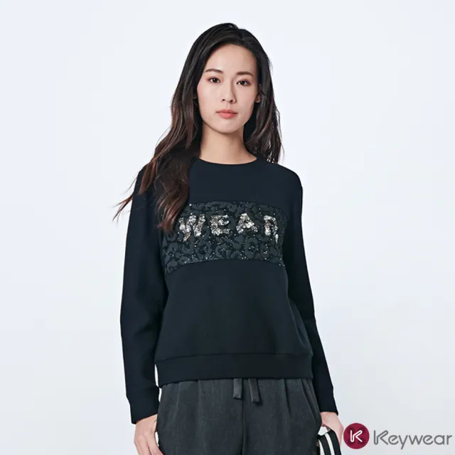【KeyWear 奇威名品】拼接亮片刺繡長袖上衣