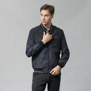 【pierre cardin 皮爾卡登】休閒服飾 男款 都會休閒立領印花薄夾克外套-黑灰色(5245662-98)
