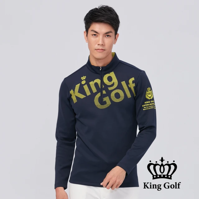 KING GOLF 網路限定款-男款大LOGO印圖小立領拉鍊厚款長袖POLO衫(丈青)