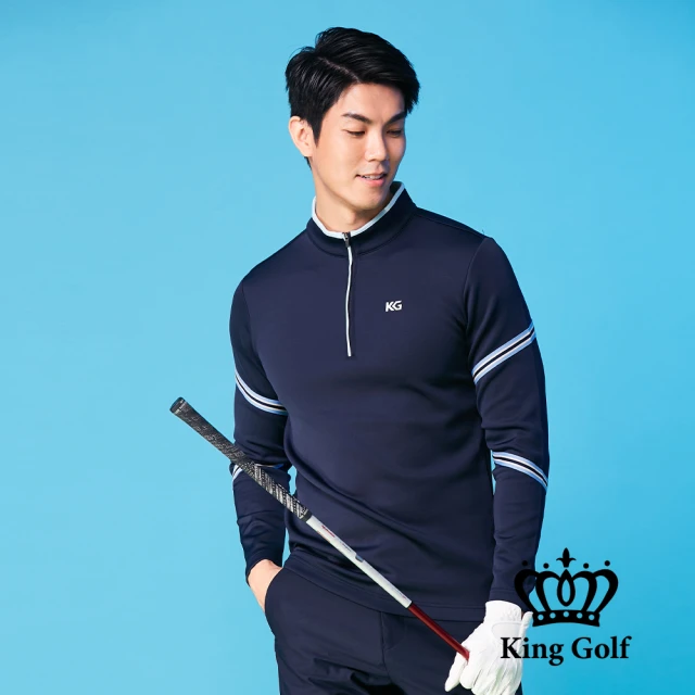 KING GOLF 網路限定款-男款三角條紋印花滾邊立領拉鍊厚款長袖POLO衫(丈青)