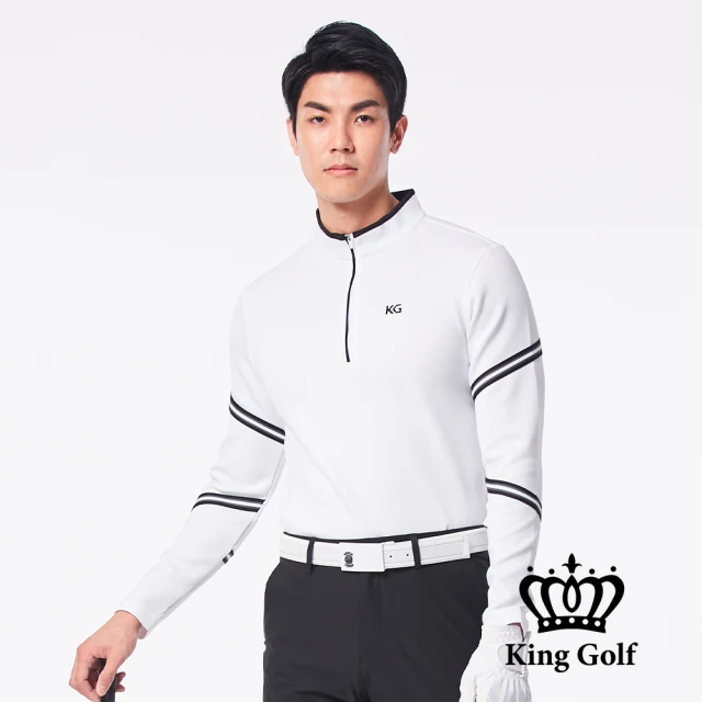 KING GOLF 網路限定款-男款三角條紋印花滾邊立領拉鍊厚款長袖POLO衫(白色)