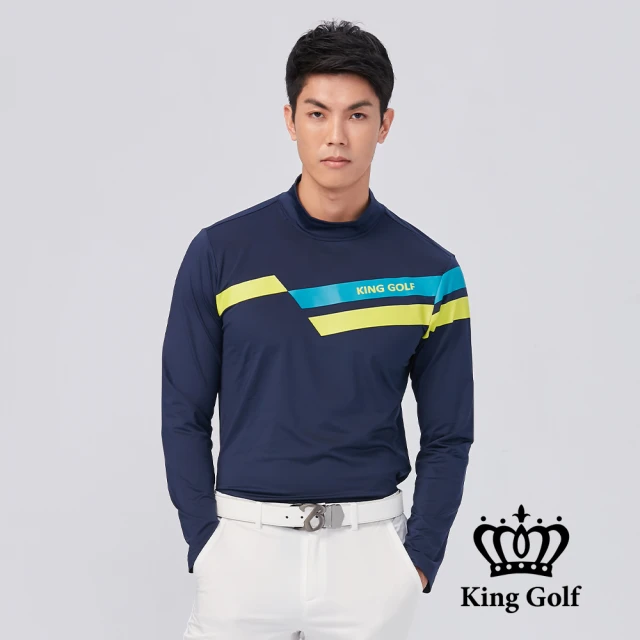 KING GOLF 網路限定款-男款胸前斜條紋印花中厚款長袖高領衫(丈青)