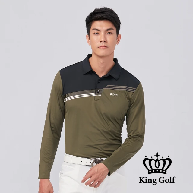 KING GOLF 網路限定款-男款條文印花拼接撞色薄款長袖POLO衫(黑綠)