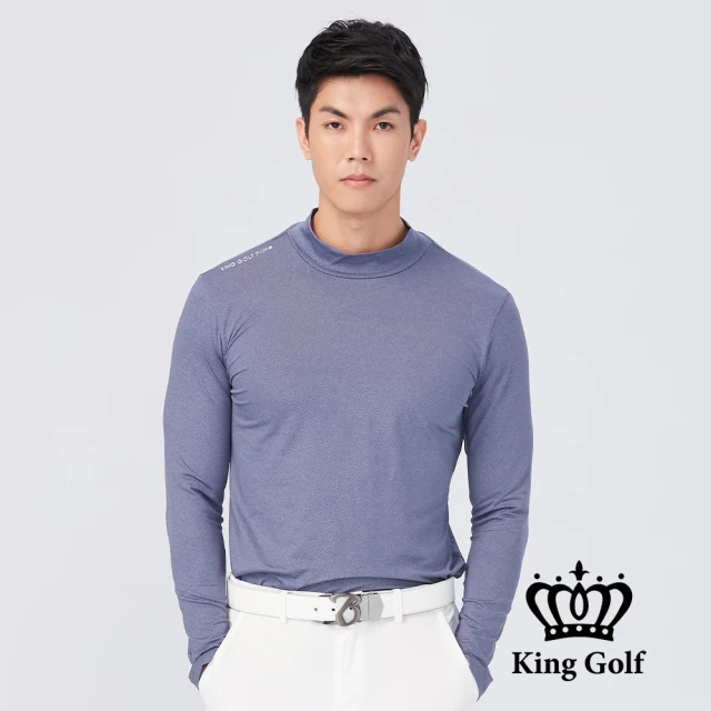 KING GOLF 網路限定款-男款膠標LOGO素面刷毛款長袖內搭高領衫(丈青)