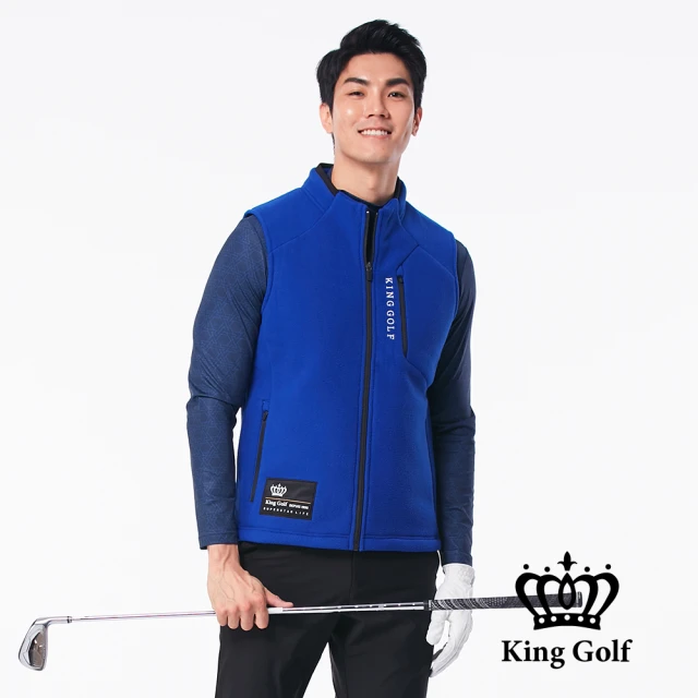 KING GOLF 網路限定款-男款LOGO印圖保暖搖粒絨刷毛剪裁厚款無袖背心(藍色)