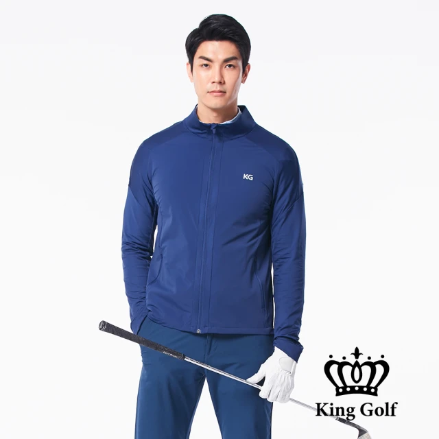 KING GOLF 網路限定款-男款KG印圖防風防水拉鍊素面長袖夾克外套(藍色)