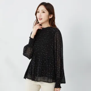 【betty’s 貝蒂思】雪紡點點百摺荷葉邊立領上衣(黑色)