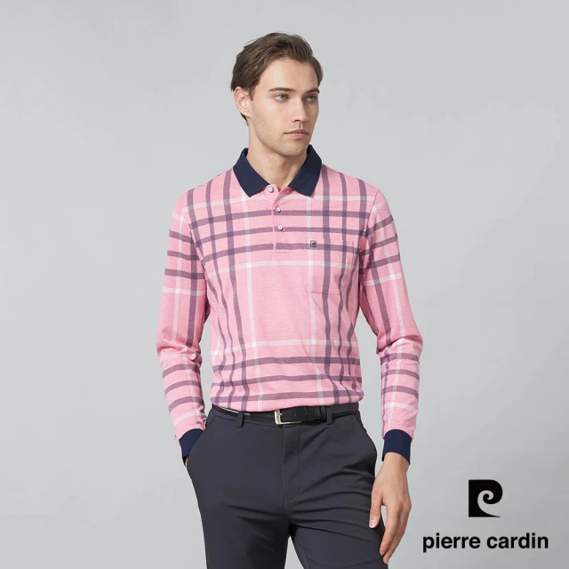 pierre cardin 皮爾卡登 商務休閒 男款 網眼大方格印花長袖POLO衫-粉紅色(5245265-75)