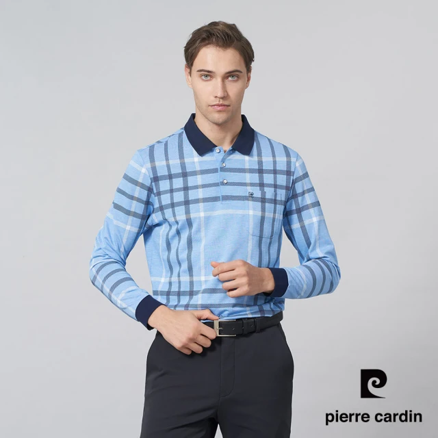 pierre cardin 皮爾卡登 商務休閒 男款 網眼大方格印花長袖POLO衫-水藍色(5245265-35)