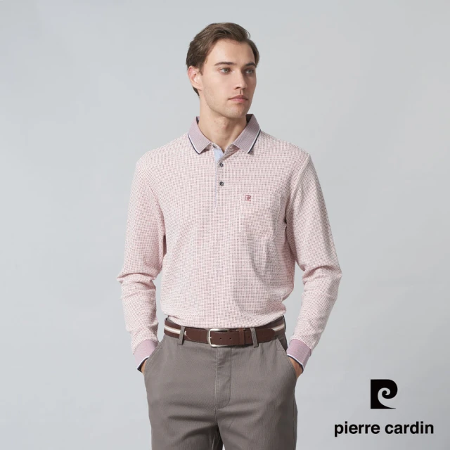 pierre cardin 皮爾卡登 商務休閒 男款 網眼點點印花長袖POLO衫-紅色(5245255-78)