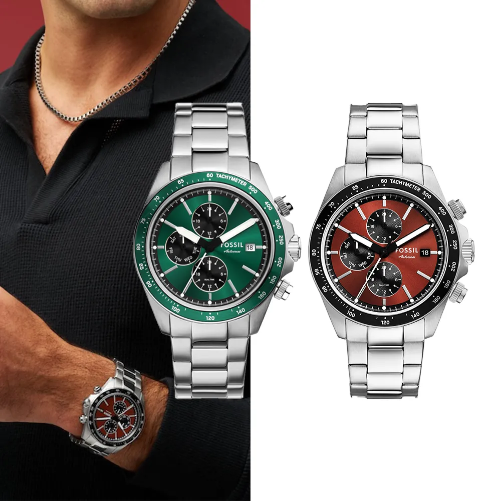 【FOSSIL 官方旗艦館】Autocross系列 引航深森三眼手錶 不鏽鋼鍊帶手錶 42MM(2色可選)