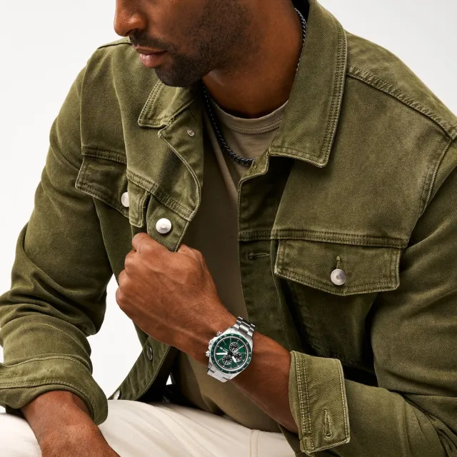 【FOSSIL 官方旗艦館】Autocross系列 引航深森三眼手錶 不鏽鋼鍊帶手錶 42MM(2色可選)