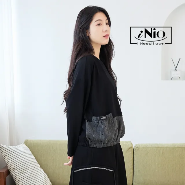 【iNio 衣著美學】長袖上衣 秋冬新品 現貨 材質拼接 雙口袋 長袖棉T CDW1737