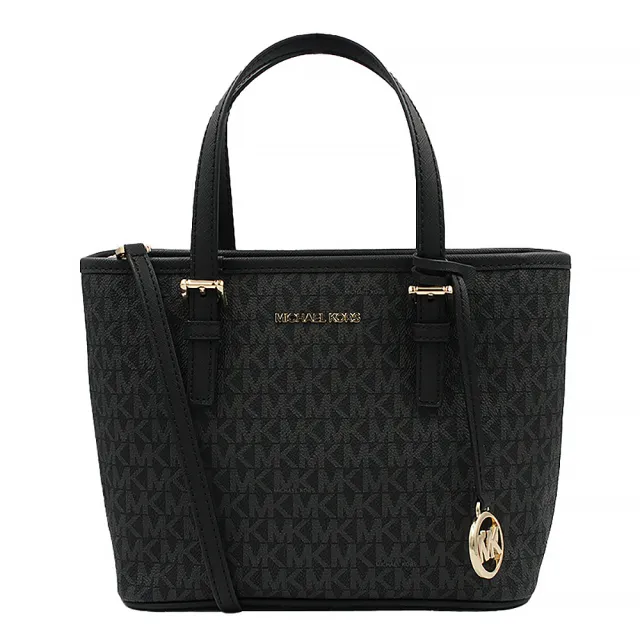 【Michael Kors】JET SET TRAVEL金字LOGO滿版手提/斜背兩用包(黑灰)