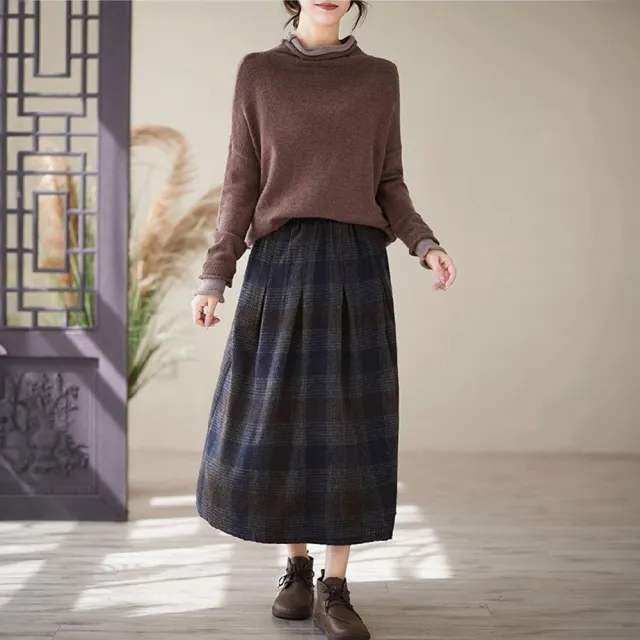【LANNI 藍尼】★毛呢格紋長裙A字裙(女裝/裙子/中長裙/半身裙/日系/通勤/復古)