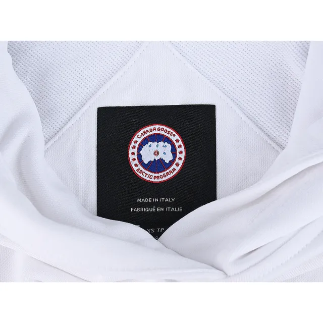 【CANADA GOOSE】CANADA GOOSE Muskoka立體字母LOGO橡膠標設計純棉圓領落肩連帽T恤(女款/白)
