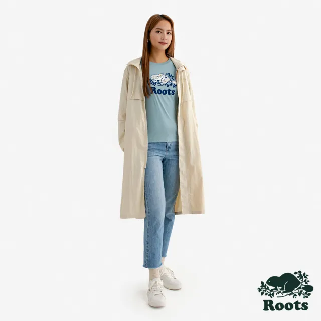 【Roots】Roots女裝- 平織長版連帽外套(杏仁奶白)