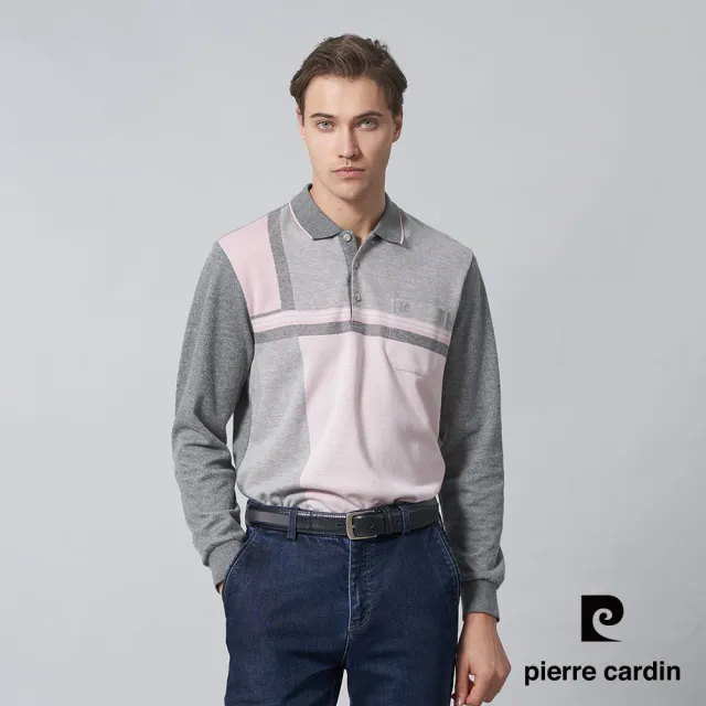 【pierre cardin 皮爾卡登】休閒服飾 男款 棉質混紡刷磨毛大定位長袖POLO衫-花灰色(5245274-96)