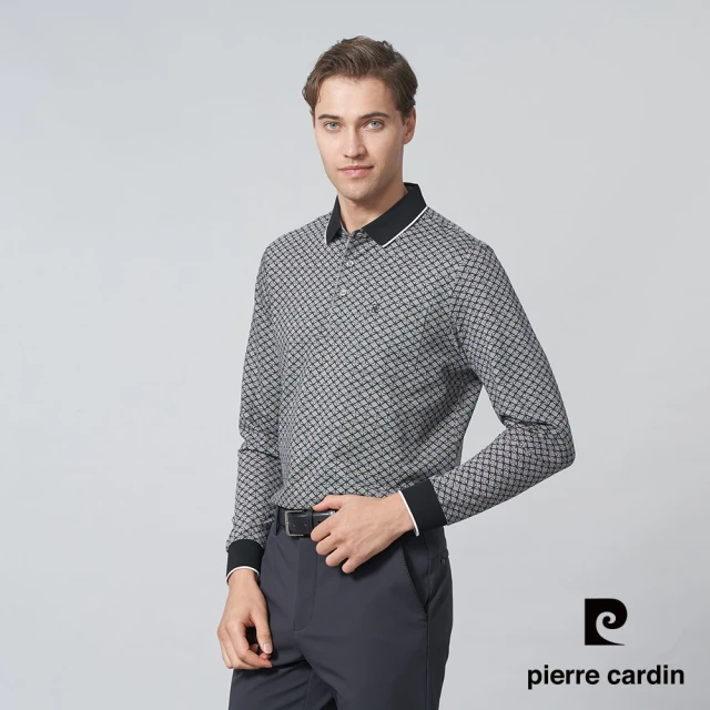 pierre cardin 皮爾卡登 商務休閒 男款 網眼方格印花長袖POLO衫-黑色(5245292-99)