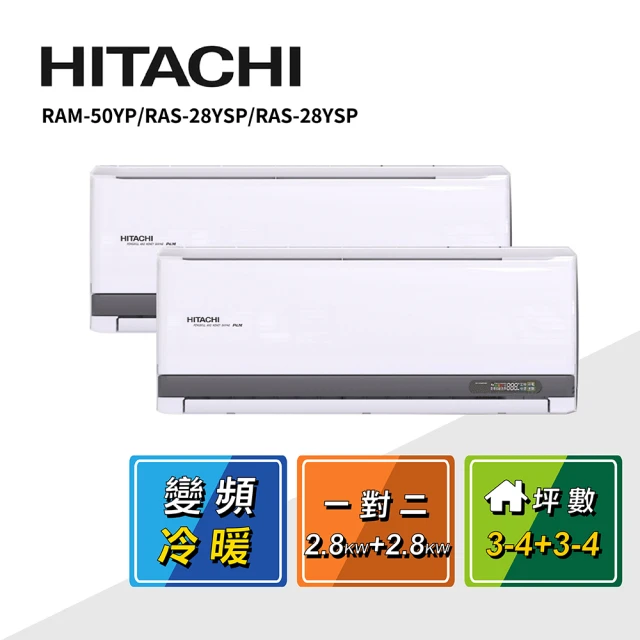 HITACHI 日立 3-4坪+3-4坪 一對二變頻冷暖(RAM-50YP/RAS-28YSP/RAS-28YSP)