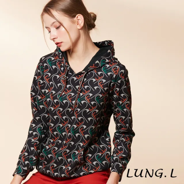 【LUNG.L 林佳樺】LR24A黑色滿版F字母印花長袖女裝帽T(秋冬新品)