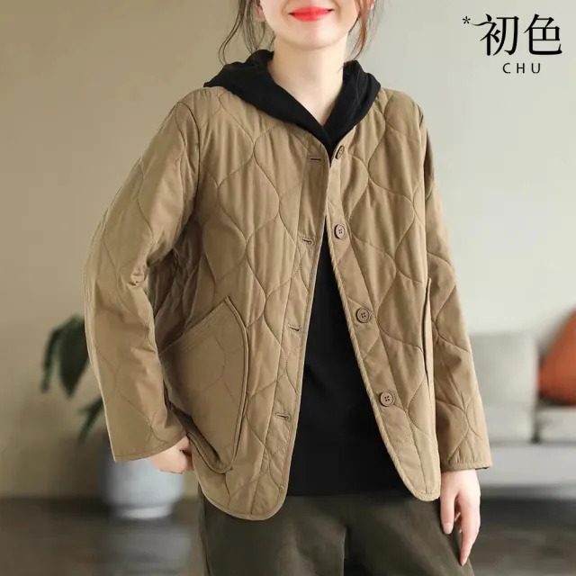 【初色】復古風純色大口袋夾棉保暖單排釦長袖外套女外套-共3色-39062(M-2XL可選)