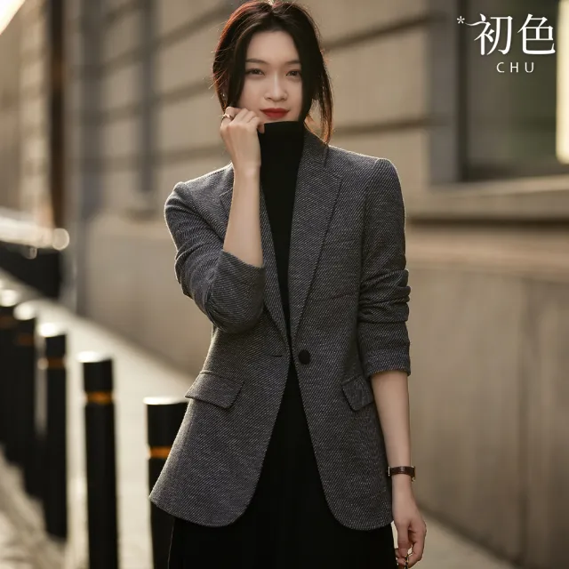 【初色】斜紋料一粒扣修身西裝外套女外套-花灰色-38978(M-2XL可選)