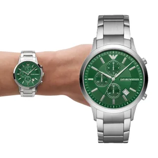 【EMPORIO ARMANI 官方直營】Renato 都會經典碧綠三眼多功手錶 銀色不鏽鋼鍊帶 43MM AR11507