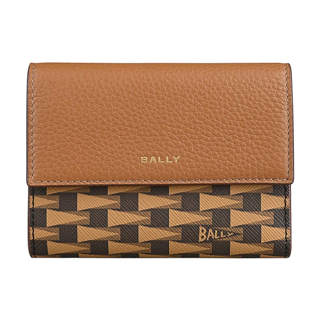 BALLY BALLY Pennant燙印LOGO三角錦旗圖案塗層皮革搭牛皮6卡翻蓋釦式三折中夾(橡子棕x深褐x淺咖啡)