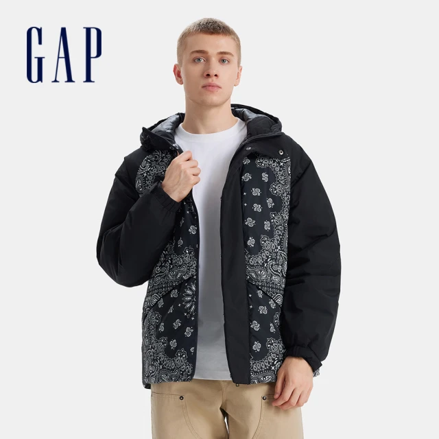 GAP 男裝 印花連帽羽絨外套-黑色(677142)