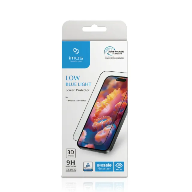 【iMos】iPhone 16 Pro Max 6.9吋 德國萊因認證 3D黑邊RPF60低藍光螢幕保護貼