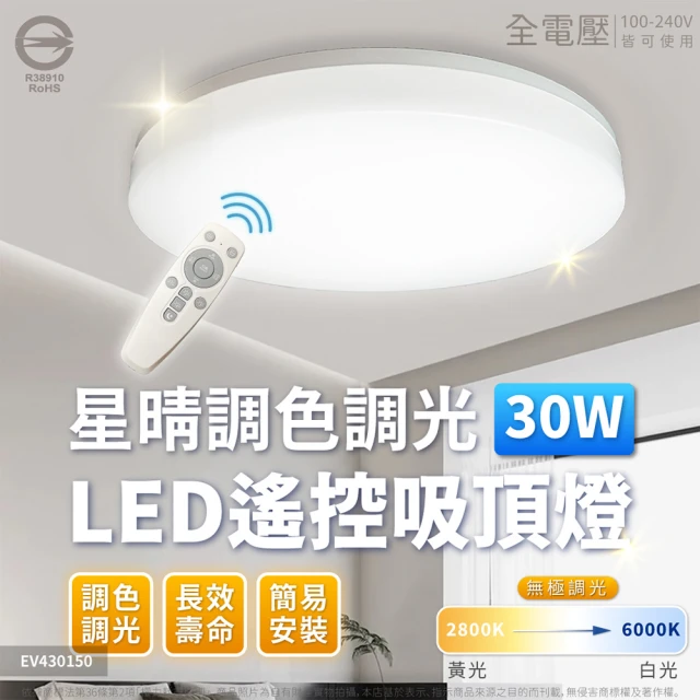 Everlight 億光 LED 星晴 30W 全電壓 遙控調光調色 LED 吸頂燈 天花板燈(3-4坪)