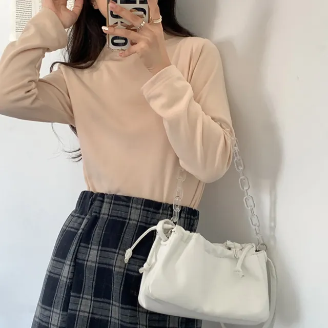 【D.studio】韓版薄絨內搭打底半高領長袖上衣(女裝衣服寬鬆上衣顯瘦上衣長袖t恤冬裝發熱衣素T W321)