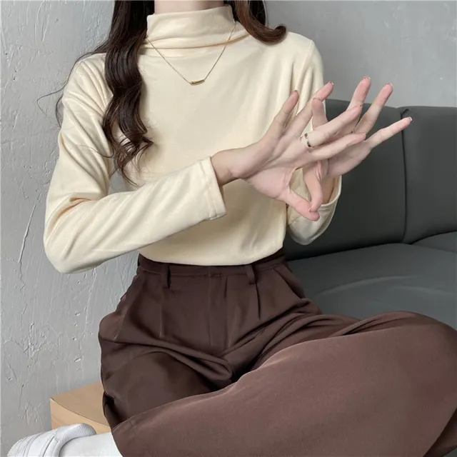 【D.studio】韓版半高領顯瘦內薄絨長袖上衣(女裝 衣服 寬鬆上衣 顯瘦上衣 長袖t恤 冬裝 發熱衣 W321)