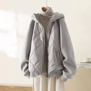 【ACheter】保暖加厚連帽長袖棉服大碼寬鬆顯瘦外套中長#123952(灰/卡其)