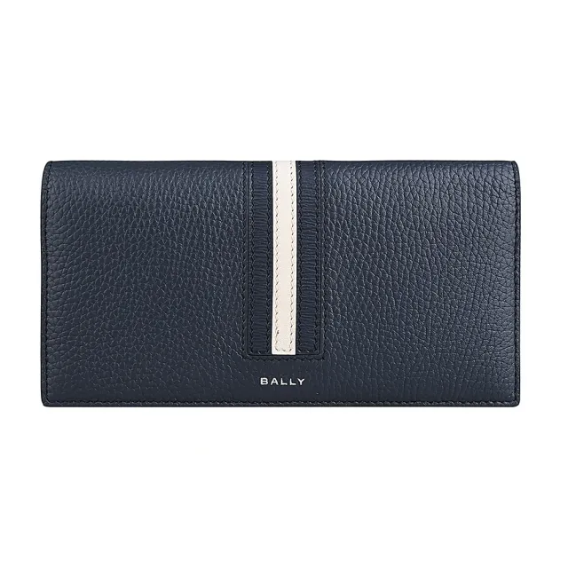【BALLY】BALLY Ribbon字母燙印LOGO藍白藍條紋小牛皮8卡對折長夾(深藍)